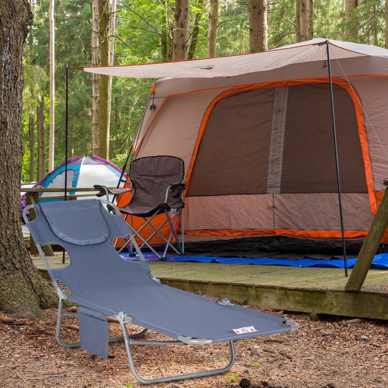 Folding sun loungers with face holes, arm slots and side pockets