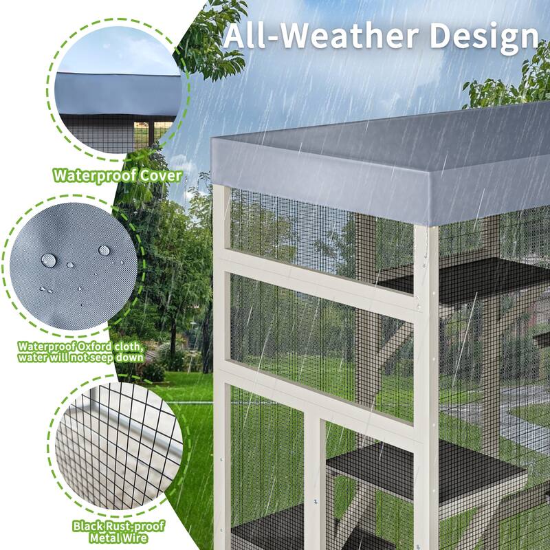 Outdoor Wooden Catio for Cats, Large Cat Shelter Enclosure, Secure Pet Cage with Waterproof Roof, 2 Cat Houses & Platforms