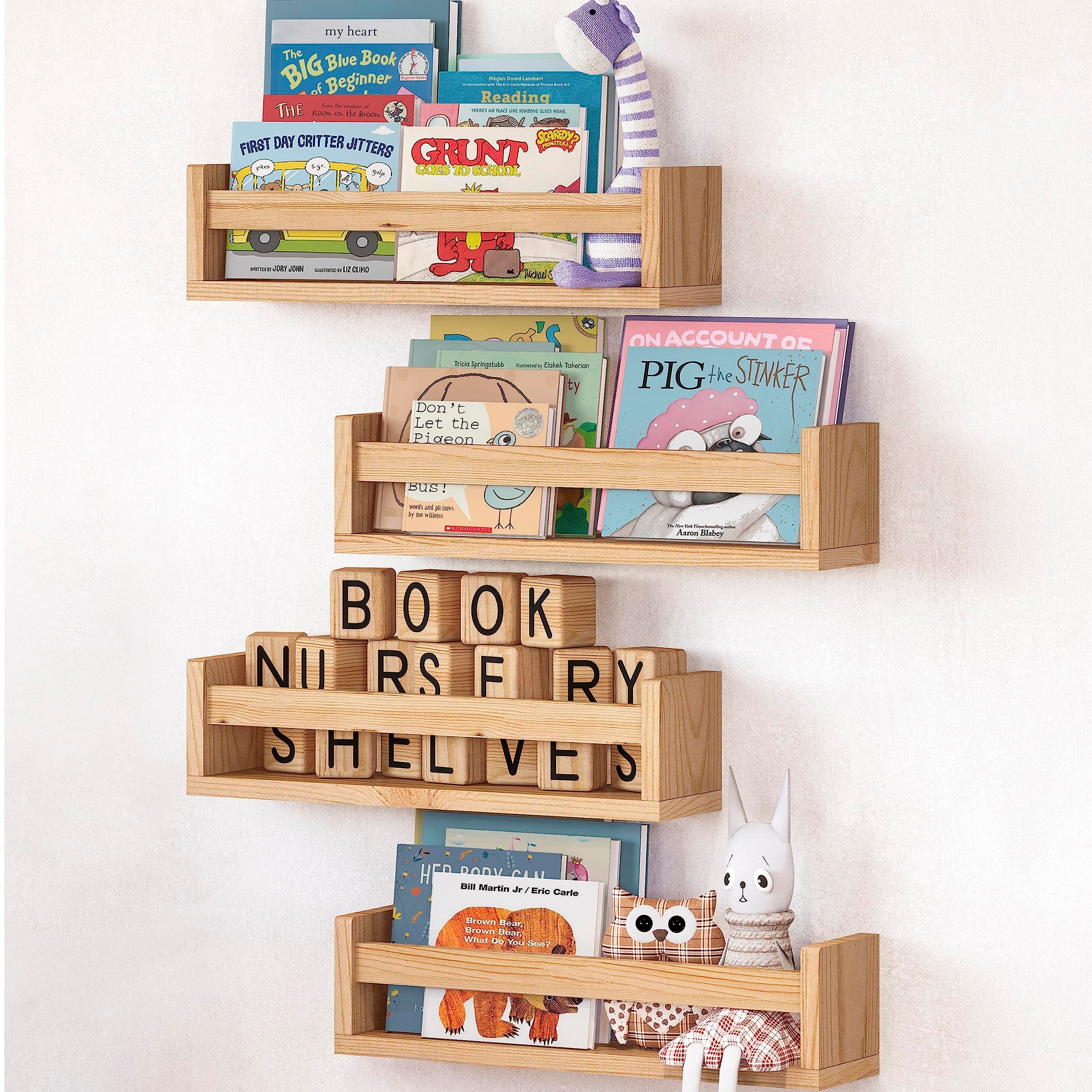 Set of 4, Natural Wood Floating Nursery Book Shelves,
