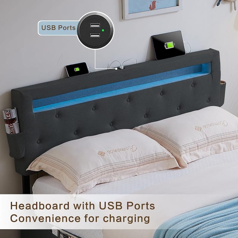 Queen Bed Frame with USB Charging Station & LED Lights, Queen Bed Frame with Headboard & 4 Storage Drawers