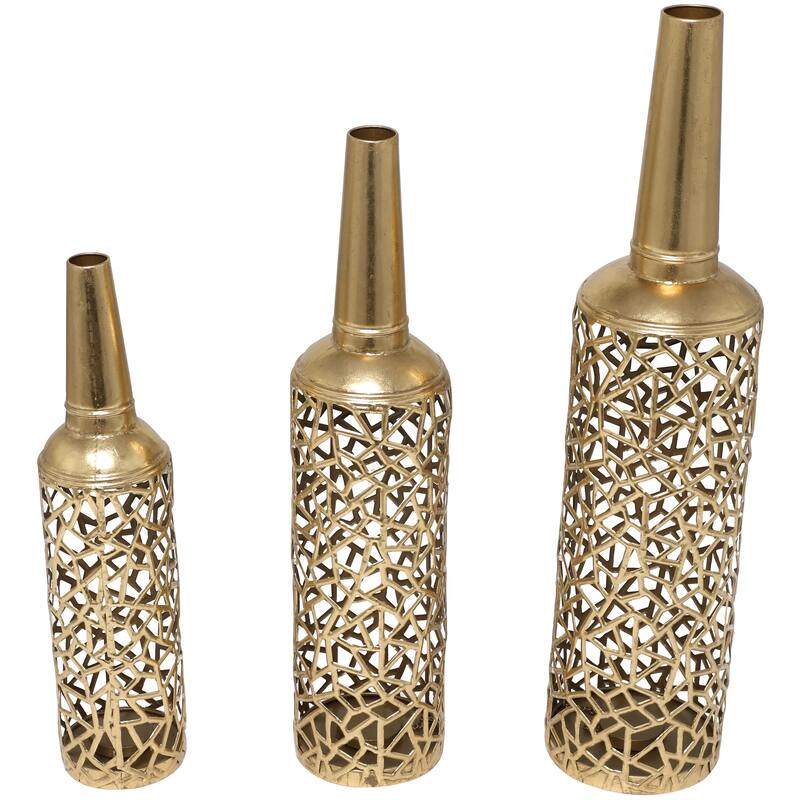 The Novogratz Gold Metal Abstract Patterned Decorative Vase with Open Frame Design (Set of 3) - 30, 25, 21"H