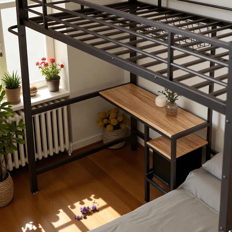 Twin Over Twin Metal Bunk Bed with Desk, L-Shaped Loft Design, Storage Shelves, Drawers, Guardrails and Ladder for Teens