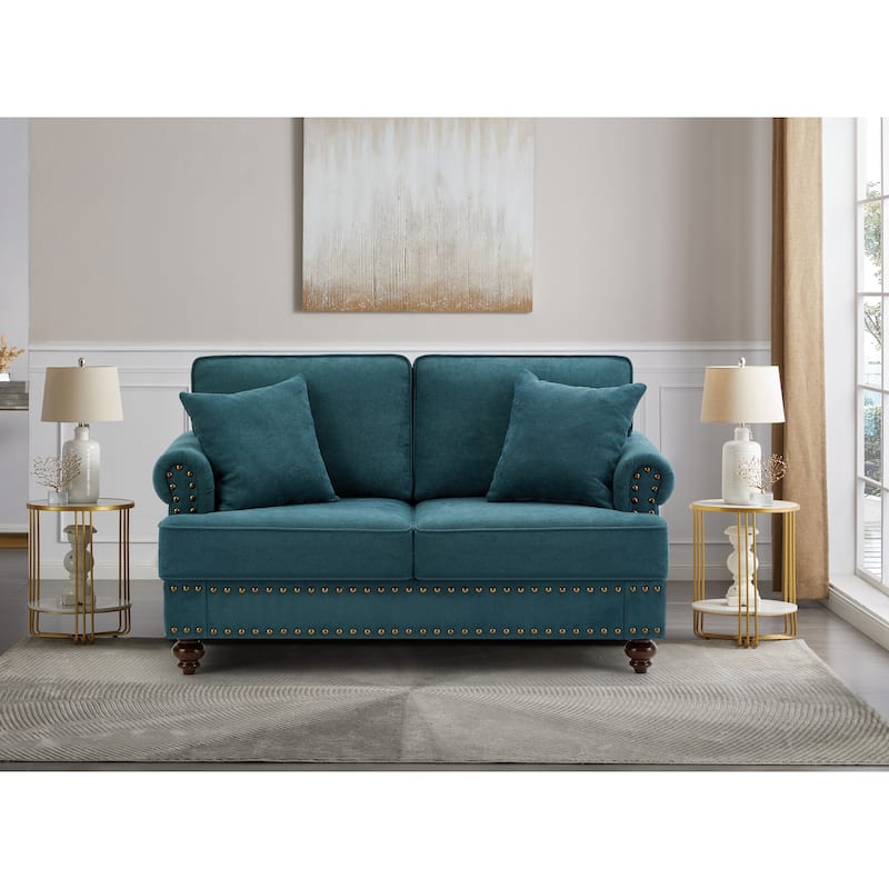 2 Seater Couch with Two Pillows, Bedroom Rolled Arm Sofa, Simple Upholstered Settee with Nailhead Decoration - Lake Green