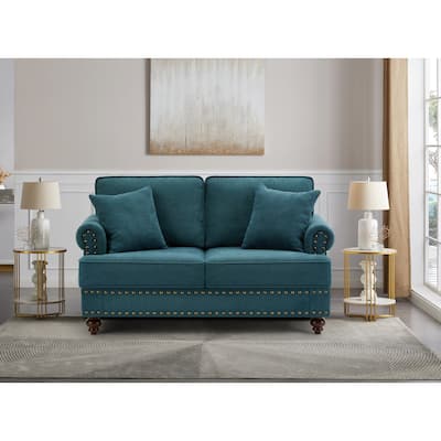 2 Seater Couch with Two Pillows, Bedroom Rolled Arm Sofa, Simple Upholstered Settee with Nailhead Decoration