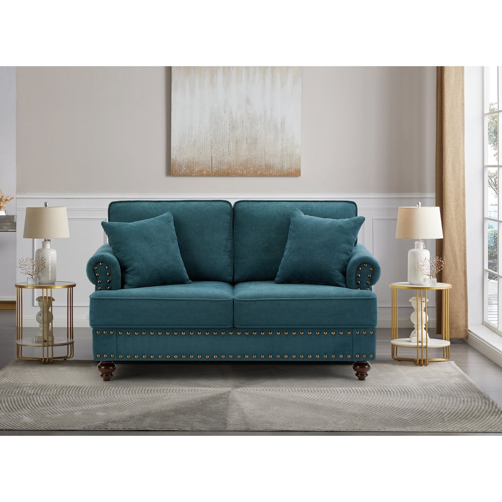 2 Seater Couch with Two Pillows, Bedroom Rolled Arm Sofa, Simple Upholstered Settee with Nailhead Decoration