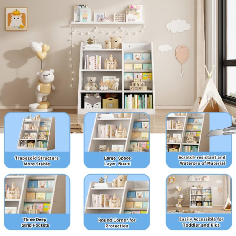 Wooden Toy Storage Organizer Cabinet Natural/ Wood Kids Bookshelf Children Bookcase Toddler Baby Sling Book Rack Shelf