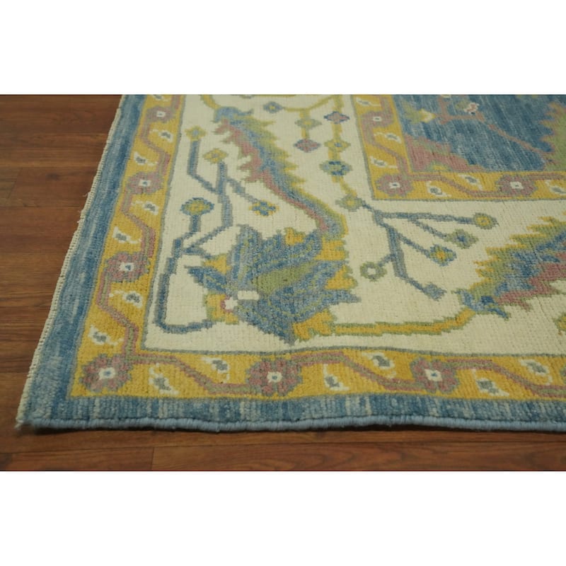 Floral Blue Oushak Vegetable Dye Area Rug, Floral Geometric Carpet - 9' 10'' X 8' 3''