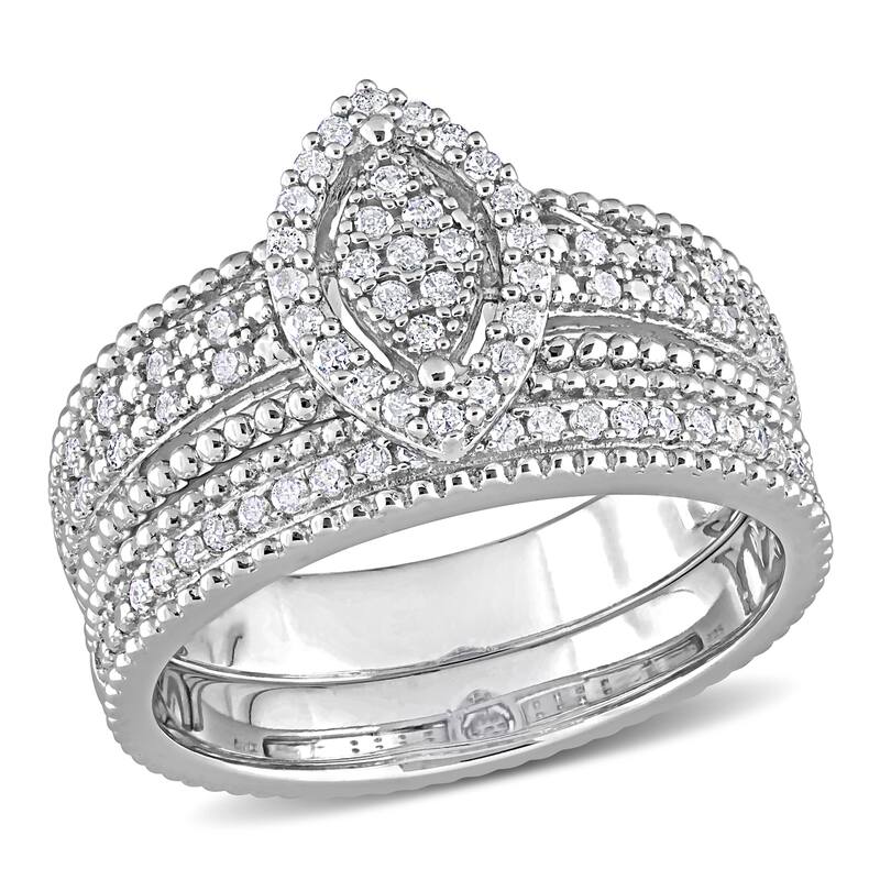 Miadora 1/3ct TDW Diamond Marquise Clustered Multi-row Halo Bridal Ring Set in Sterling Silver