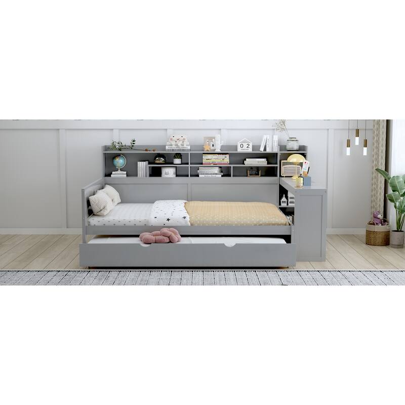 Wooden Full Size Daybed with Storage Shelves, Multi-functional Bed with Twin Size Trundle Bed and Study Desk,Gray