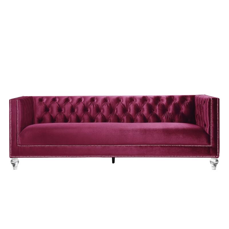 HomeRoots 89" Burgundy Velvet Sofa And Toss Pillows With Black Legs - 89