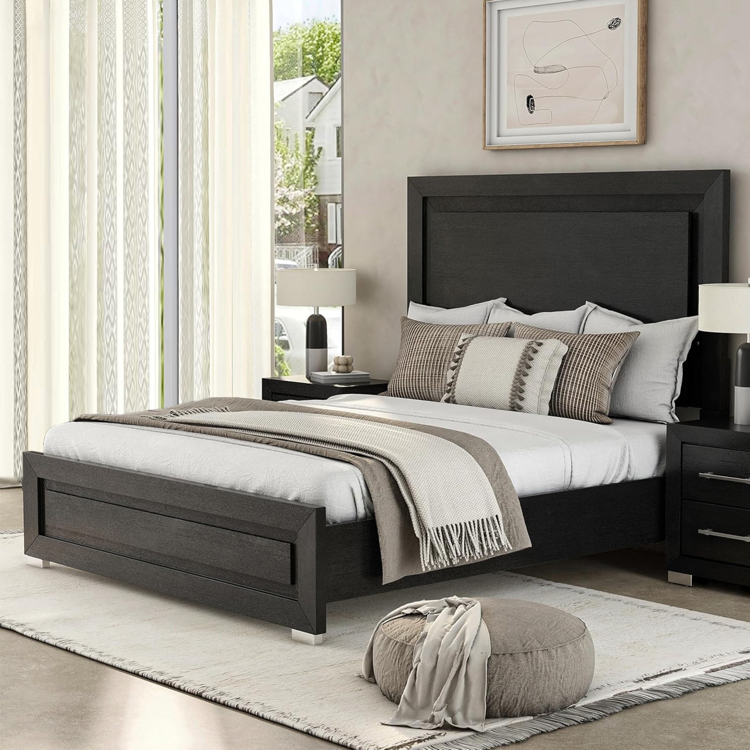 Wooden Bed with LED Headboard in Black