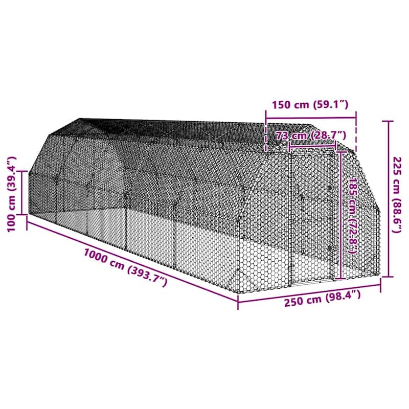 vidaXL Chicken Run Galvanized Steel Large Chicken Run Rectangular - Silver - 393.7 x 98.4 x 88.6