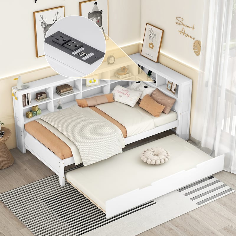 Wooden White Twin Size Daybed with Trundle Bed & Storage Shelf