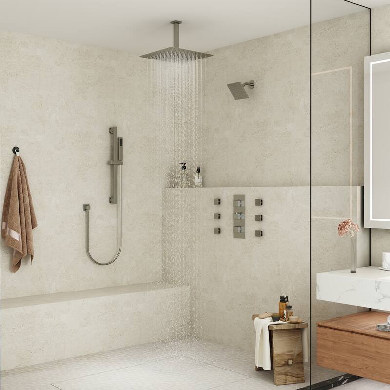 CASAINC Dual Heads High Pressure 16 Inch 4 Function Shower Head Shower System with Sliding Rod Handheld Shower and 6 Body Jet