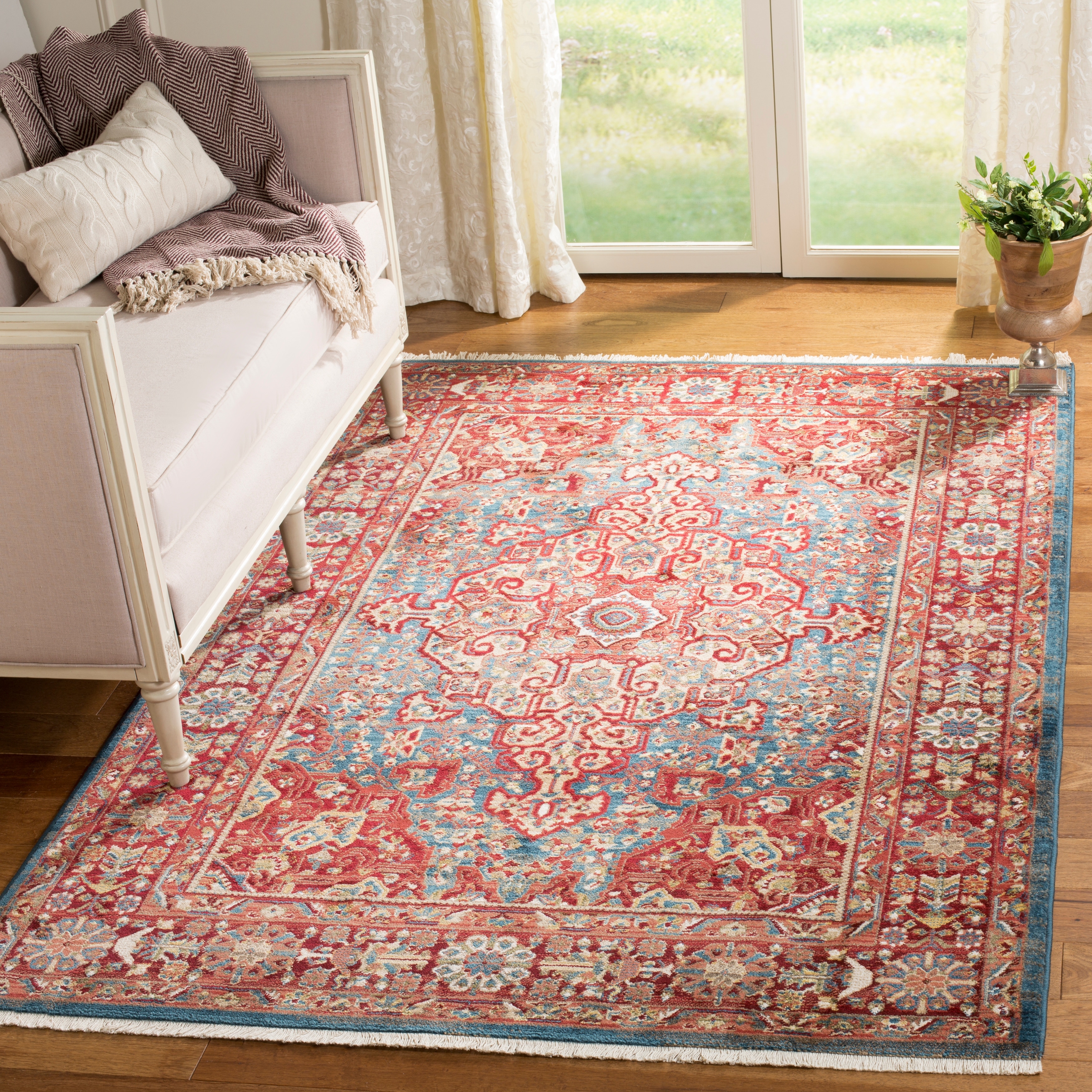 Coral and Grey Entryway Rug with Fringe