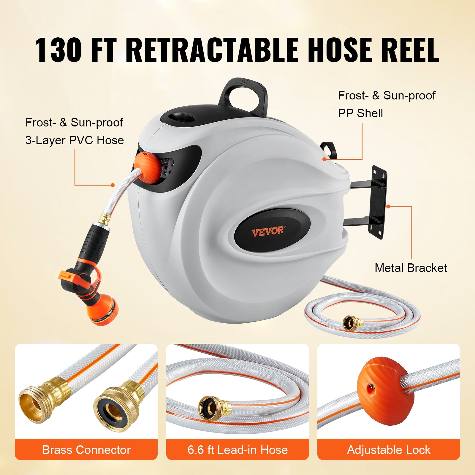 VEVOR Automatic Rewind Retractable Hose Reel with 9-Pattern Nozzle,Lock at  Any Length,and Slow Return System