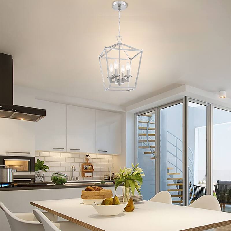 4-Light Geometric Cage Lantern Pendant Light with Brushed Nickle Finish - Middle
