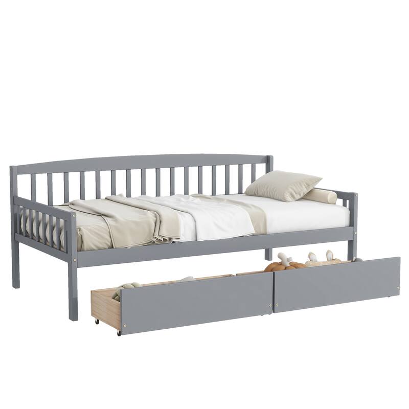Kids Daybed Wood Sofa Bed with Pull-out Storage Drawers Twin Size Platform Storage Bed with Headboard Footboard Guardrails