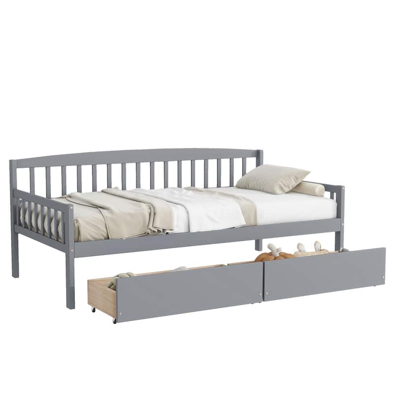 Twin-size Pine Wood Daybed with two Storage Drawers, Sofa Bed with Bed Platform of 10 Support Slats
