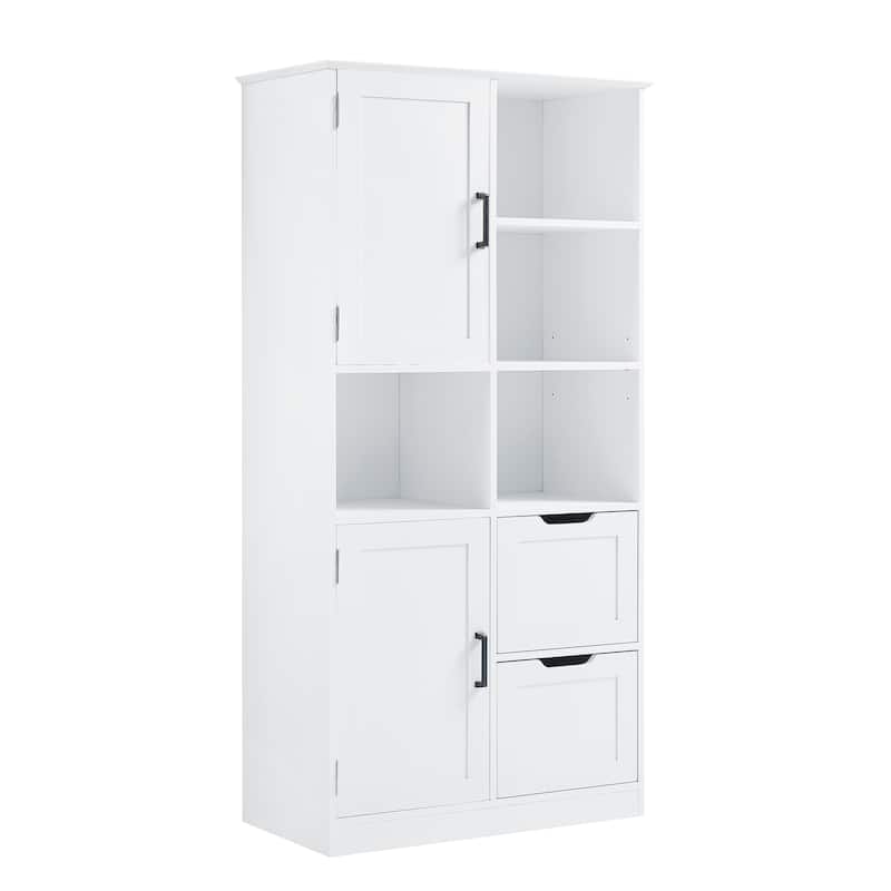 Bathroom Storage Cabinet with 2 Doors, 2 Drawers, Open Shelve & Adjustable Shelf - Colored - White