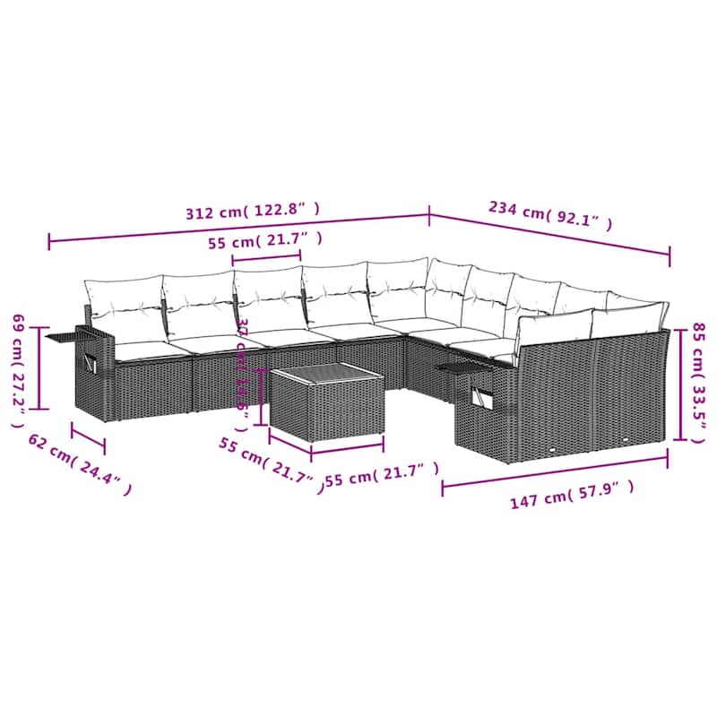 vidaXL 11 Piece Patio Sofa Set with Cushions Black Poly Rattan - 24.4" x 24.4" x 27.2"