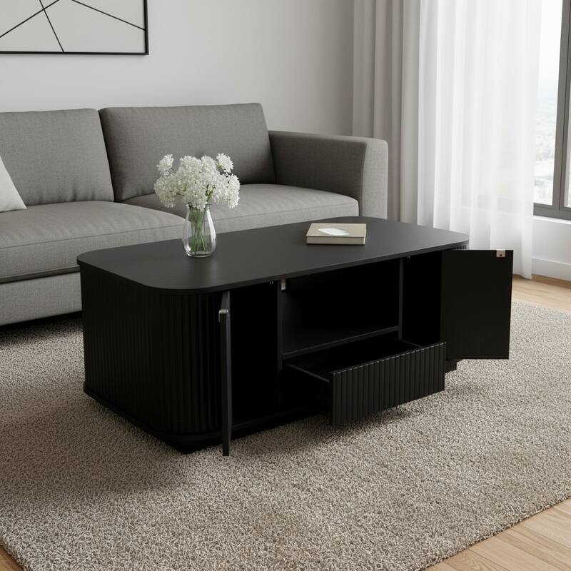 HomeRoots 47" Black Wood Oval Block Coffee Table With Storage - 46.50 in. x 17.70 in. x 27.20 in. - Black