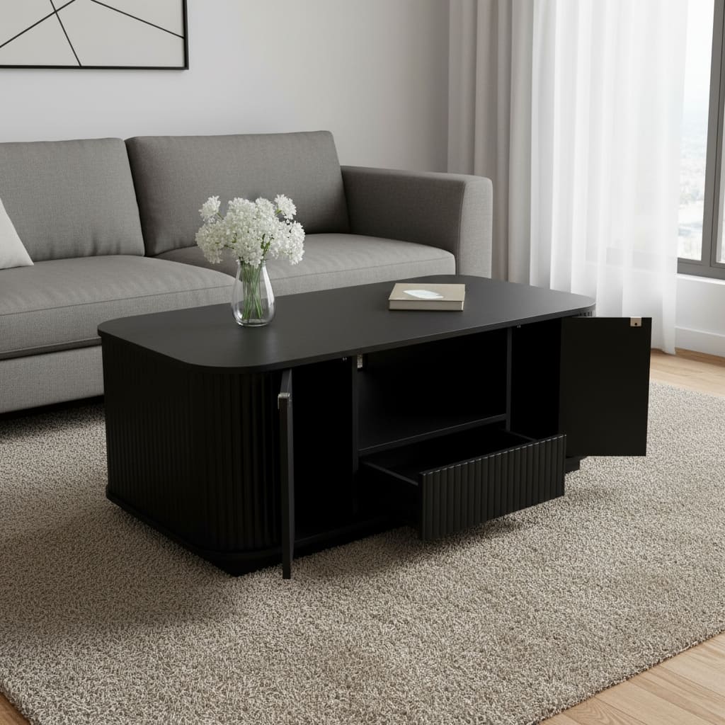 HomeRoots 47" Black Wood Oval Block Coffee Table With Storage - 46.50 in. x 17.70 in. x 27.20 in.