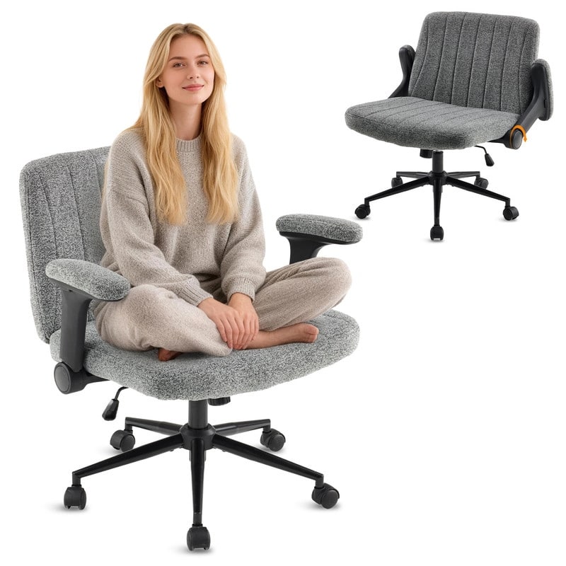 Chenille Swivel Chair With Adjustable Flip-Up Arms For Cross-Legged