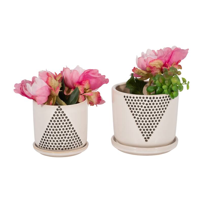 Handmade White and Black Ceramic Planters with Saucers (Set of 2)