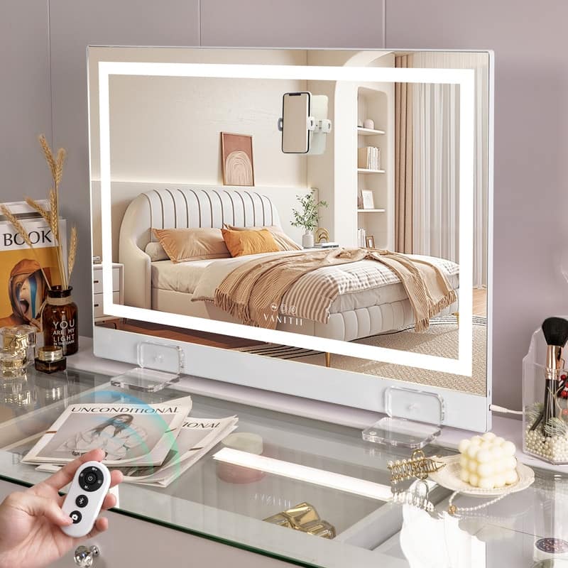 VANITII Hollywood Makeup Vanity Mirror With Led Strip Lights Remote Control Camera Self-timer Wall Mount White
