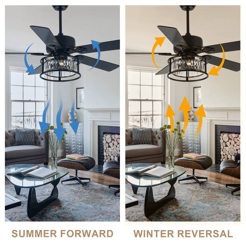 52" Modern Indoor Reversible Crystal Drum Ceiling Fan with Remote Control and Light Kit Chrome