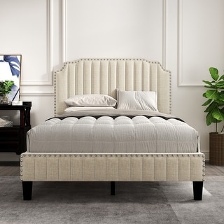 Modern Linen Curved Upholstered Platform Bed with Nailhead Trim - Bed ...