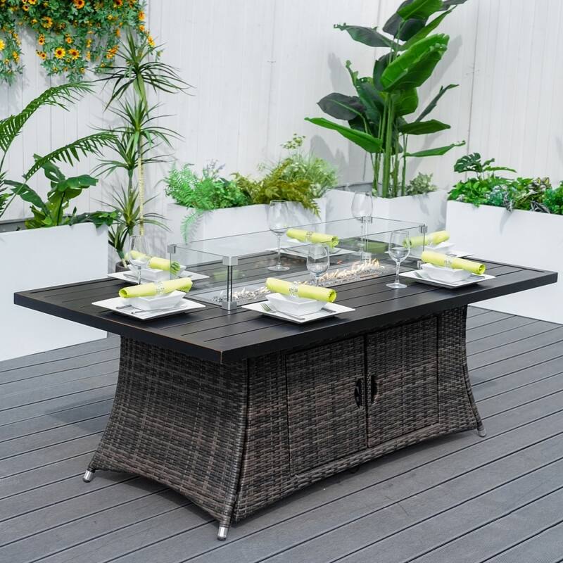 7-piece Aluminum Fire Pit Table and Wicker Chairs Set for Outdoor