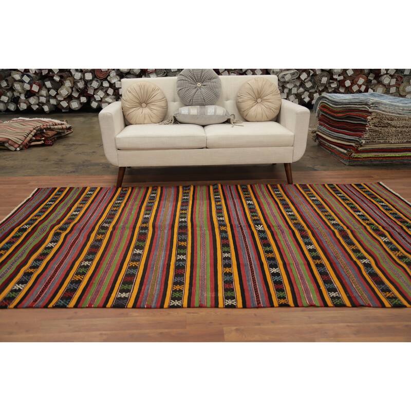 Hand Woven Oriental 100% Wool Carpet Southwestern Tribal Multi-Colored Kilim Area Rug - 9' 4'' X 5' 5''