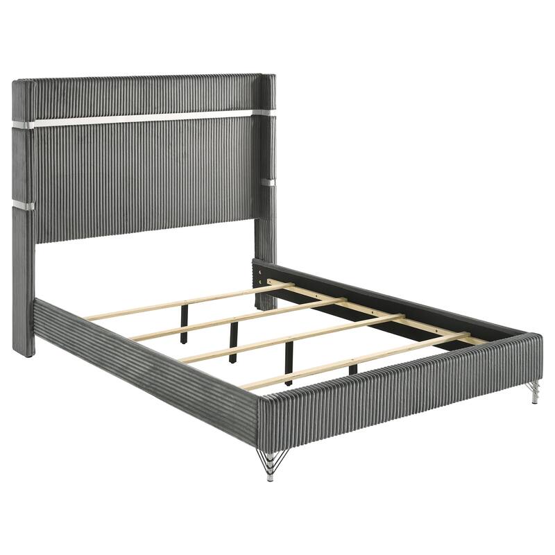 Jenny 4pc Queen Size Bed Set, Gray Velvet Upholstery, Chrome, Black