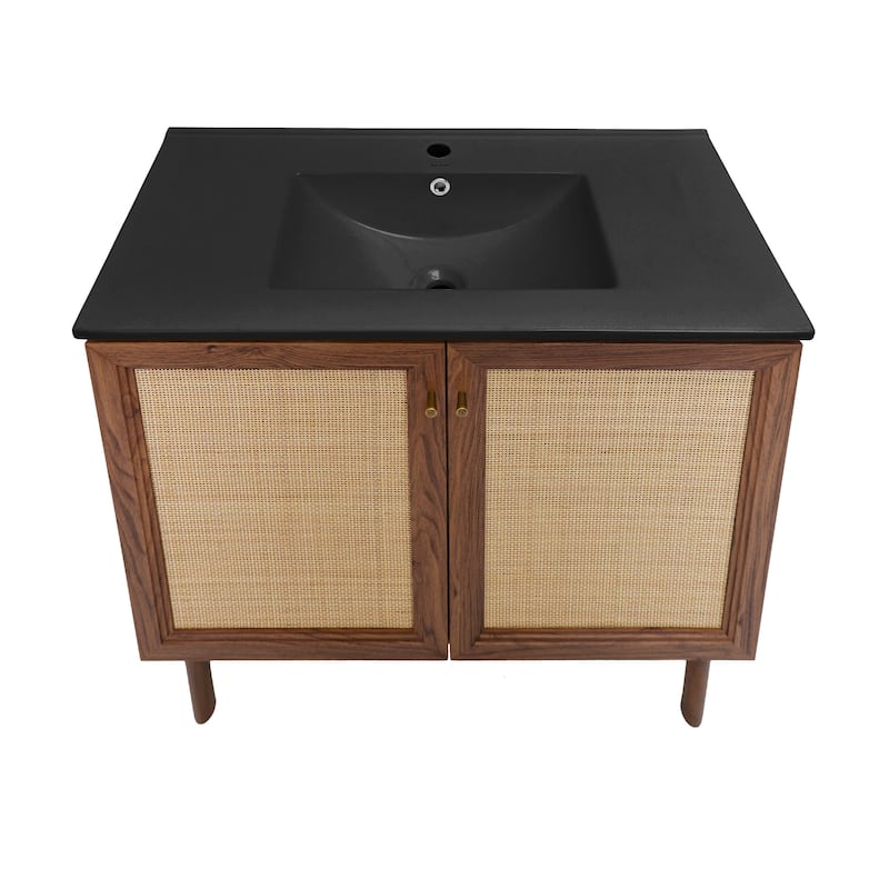 Classe 36 In. Brown Oak Bathroom Vanity With Black Ceramic Sink Top