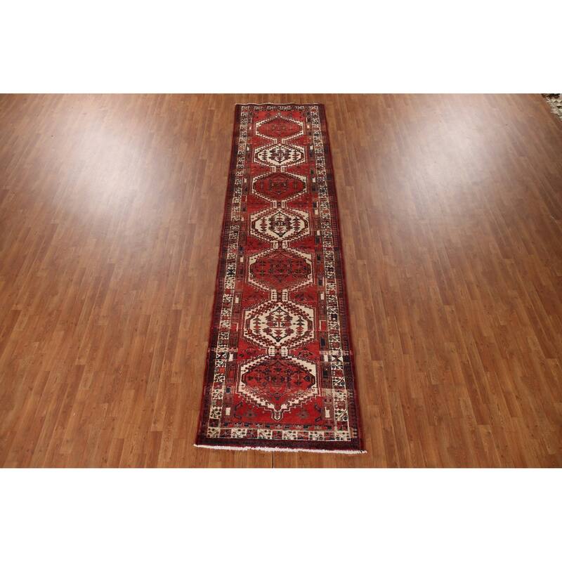 Geometric Ardebil Persian Vintage Runner Rug Handmade Red Wool Carpet - 3'9"x 13'10"