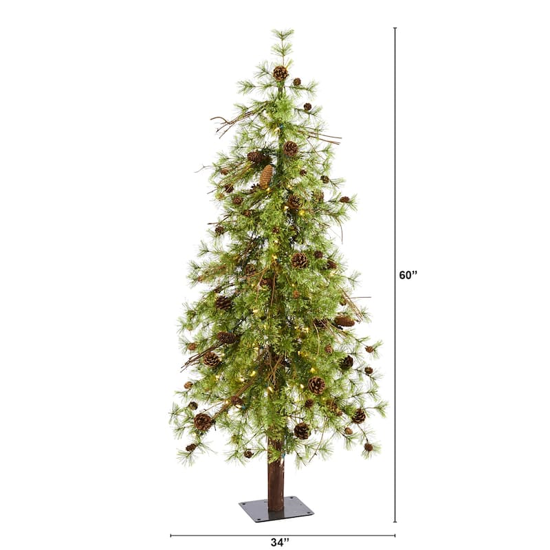 5ft. Alpine Artificial Christmas Tree with 100 Clear Multifunction LED Lights & Pine Cones on Trunk - Holiday X-Mas Accent