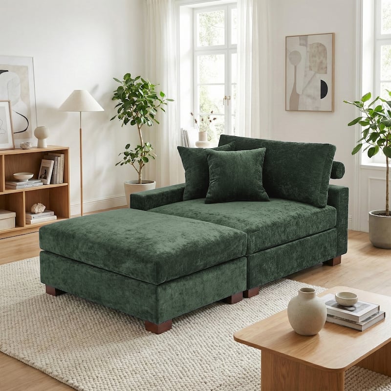 Oversized Chenille Modular Armchair And Ottoman Set Living Room Set - Green - Left facing