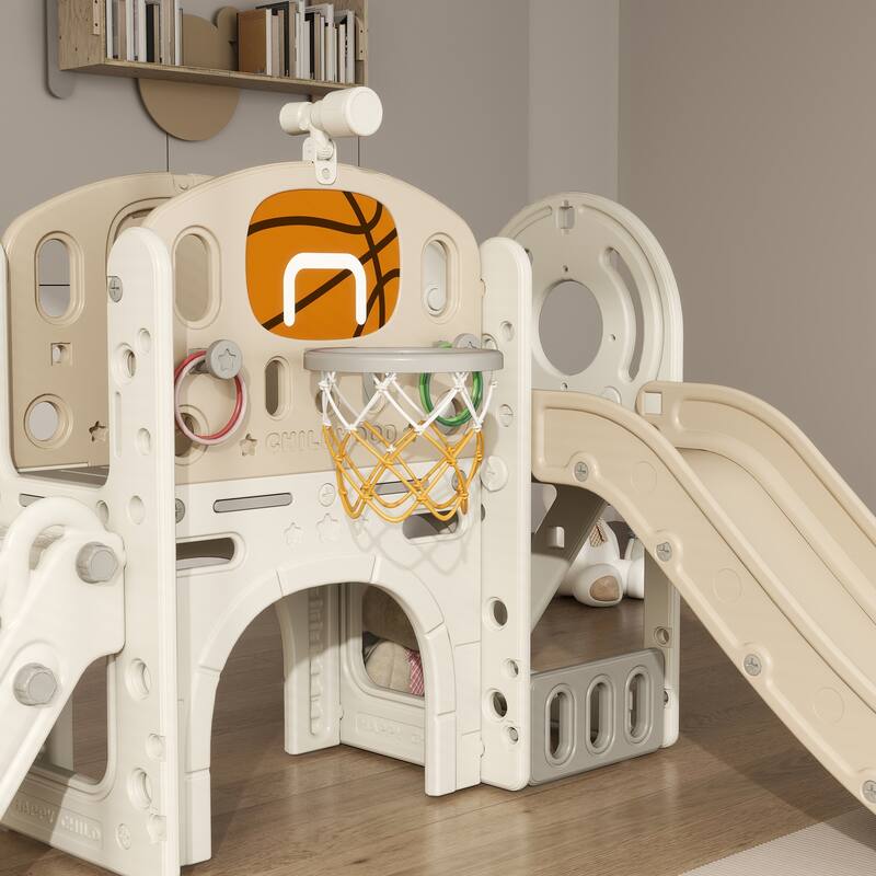 7-in-1 Toddler Slide Playset, Kids Slide for Ages 1-6 Years with Ring Toss, Basketball Hoop, Telescope - Cream White