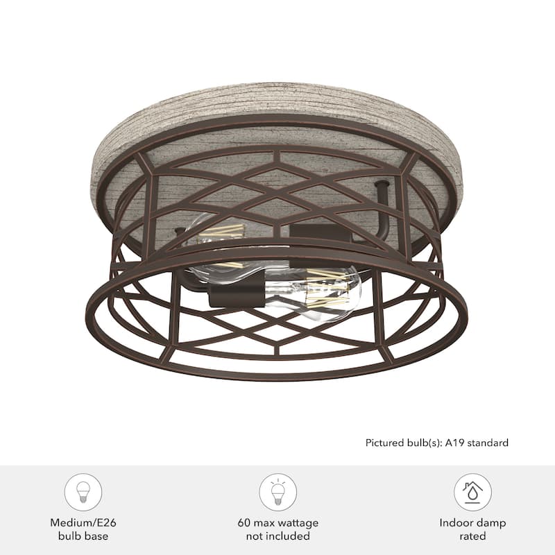 Hunter Langwood Modern 2-Light Flush Mount Ceiling Light - Entry, Living Room - Cage - Damp Rated - 13.25"