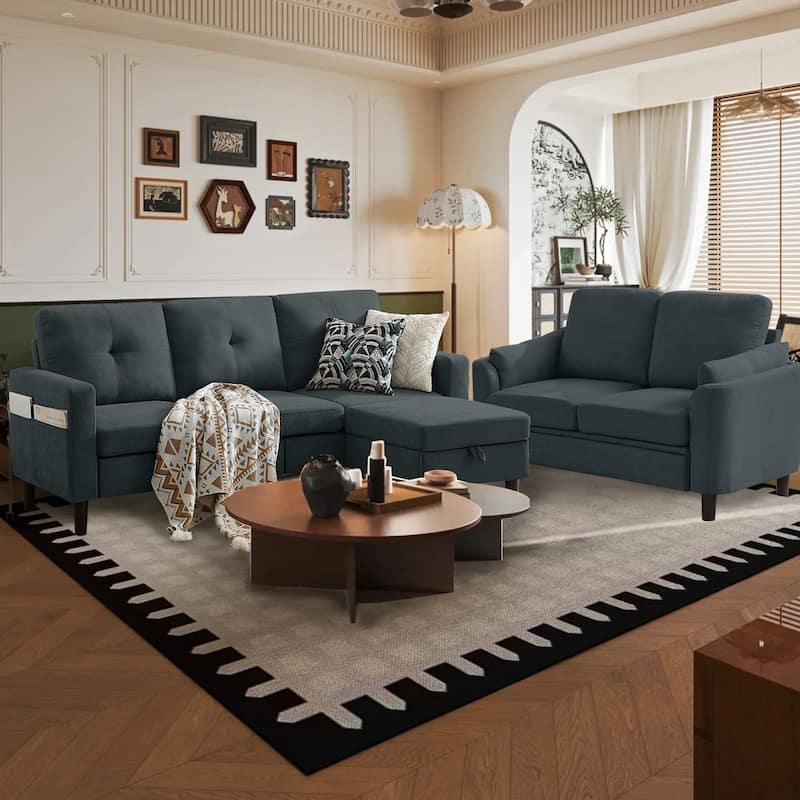 3 Pieces Living Room Set with Storage Ottoman