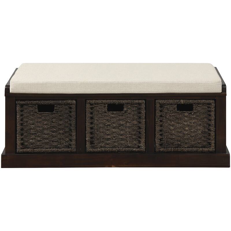 Rustic Storage Bench with 3 Removable Classic Rattan Basket , Entryway Bench with Removable Cushion