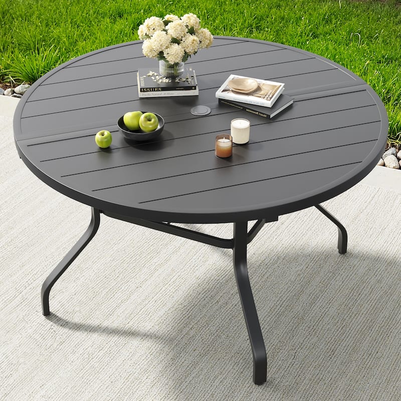 Round Outdoor Patio Dining Table, 47" Round Patio Table Wood-Like Grain with 1.57" Umbrella Hole, Metal Outdoor Dining Tables - Black