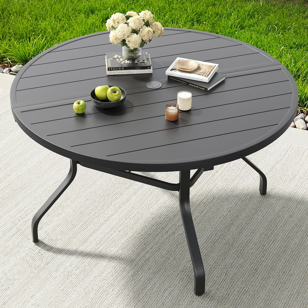 Round Outdoor Patio Dining Table, 47" Round Patio Table Wood-Like Grain with 1.57" Umbrella Hole, Metal Outdoor Dining Tables