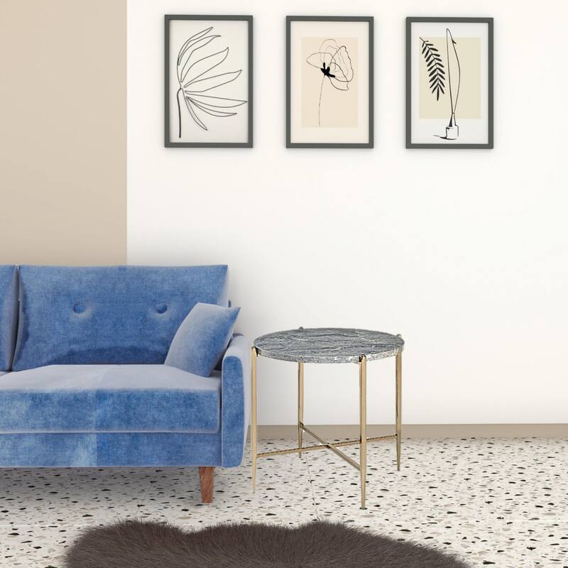 24” Round End Table with Champagne Metal Base and Light Grey Faux Marble Top for Living Room - 24" H x 26" W x 26" D