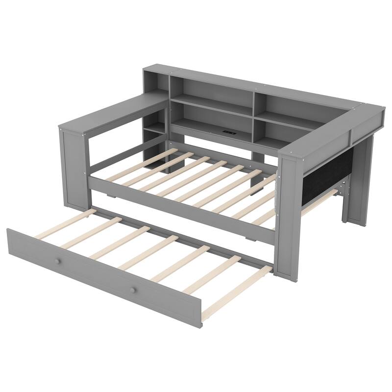 Daybed Bed with Trundle, Storage Shelves, Charging Station, & LED Light by Harper&Bright Designs