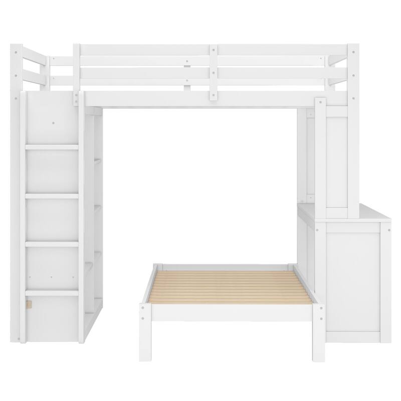 Full XL/Full over Twin Bunk Bed with Dismountable Lower Bed and Desk,Solid Wood Bunk Beds Frame with Built-in Shelves