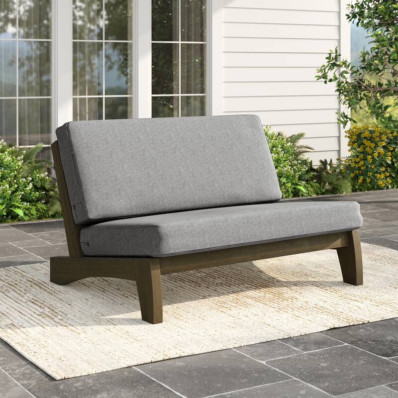 Patio Teak Wood Outdoor Loveseat with Cushion - Natural Wood - Grey