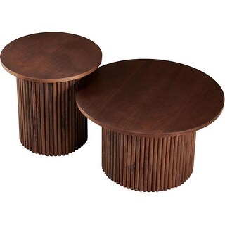 2-Piece Round Nesting Coffee Table Set with Fluted Wood Base and Walnut ...